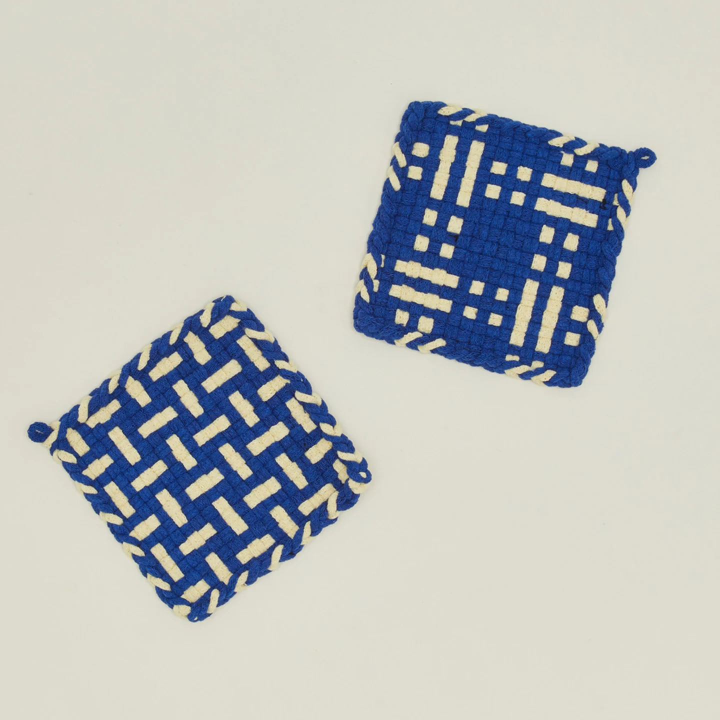 Dots + Dashes Handwoven Pot Holder - Blue/Yellow - Image 3