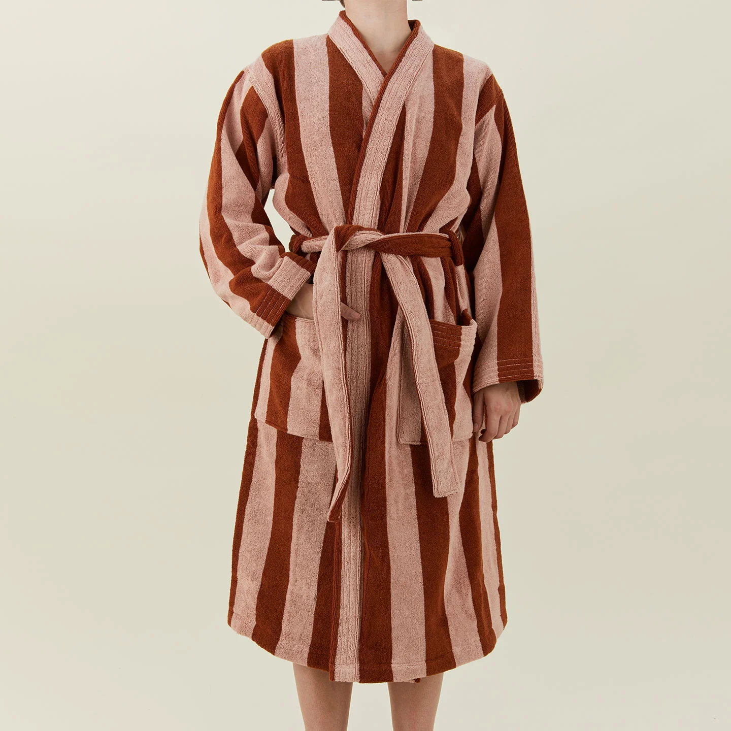 Simple Striped Terry Bathrobe - Blush/Terracotta - Image 5
