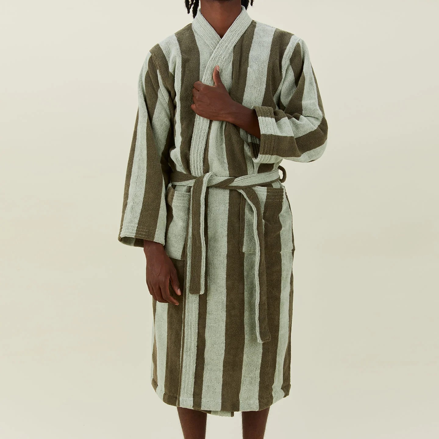 Simple Striped Terry Bathrobe - Sage/Olive - Image 5